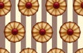Buttery cookies with red jam on striped brown and beige, like a cocoa and vanilla color seamless background