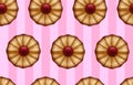 Buttery cookies with red jam on striped sweet pink color seamless background