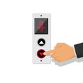 Button call lift down. Businessman presses elevator button Royalty Free Stock Photo