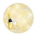 Button circular New Year fireworks and midnight toast gold background vector