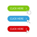 Button click here with few kinds of pointer arrow green blue red Royalty Free Stock Photo