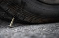 button head needle metal screw nail stuck to puncture into wheel tire on the road