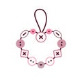 Button heart decoration. Valentines day pendant, Christmas wreath. Handmade home decor, color flat illustration. Cartoon icon of