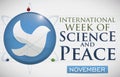 Button with Dove and Atom for Peace and Science Week, Vector Illustration