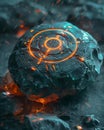 A button made of enchanted stone, glowing with runes that activate with the users touch, unlocking hidden functionalities , no