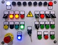 Button panel of the control panel of a machine with different push buttons and selectors