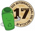 Button and Recycle Bin Promoting Recycling Day Celebration in Spanish, Vector Illustration