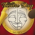 Button Representing the Muses and Mask for World Theatre Day, Vector Illustration