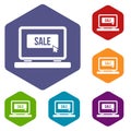 Button sale on laptop icons set Royalty Free Stock Photo