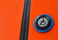 Button with sign wheelchair. Train door push button press to open sliding mechanical door at a train station platform