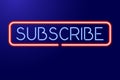 Button subscribe from glowing blue and red neon luminescence lines, blogger channel. Blogging, streaming. Social media concept