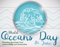 Button with Wave and Some Precepts about World Oceans Day, Vector Illustration Royalty Free Stock Photo