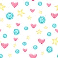 Seamless hand drawn pattern with buttons, stars and hearts