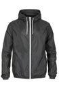 Buttoned grey windbreaker jacket with hood on white background