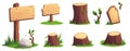 Buttons and boards made of wood for a mobile game interface, using a timeless illustration style with wood and parchment