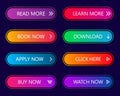 Buttons of call web action. Glow neon button for more, learn, download, read, buy, game. Gradient icon with shadow. Infographic