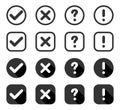 Buttons. Check mark and cross with question and exclamation signs, isolated. Signs collection in circle and square in flat style