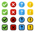 Buttons. Check mark and cross with question and exclamation signs, isolated. Signs collection in circle and square with shadow in
