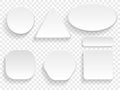 Buttons 3D white isolated set of round, square triangular or rectangular shape on transparent background. Vector blank buttons