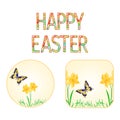 Buttons Happy easter spring flowers narcissus with butterfly vector