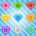 Buttons Hearts of bright colours set fo clothing. Collection cute glossy in different colors.