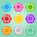 Buttons Hexagon of bright colours set of clothing. Collection cute glossy in different colors. Royalty Free Stock Photo