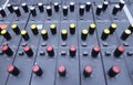 Buttons, levels, switches, speaker volume control on an audio mixer control panel set at the TV studio Royalty Free Stock Photo