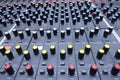 Buttons, levels, switches, speaker volume control on an audio mixer control panel set at the TV studio Royalty Free Stock Photo