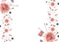 Buttons and pink yarn ball with knitting needles, thread spool and sewing pins frame. Watercolor Royalty Free Stock Photo