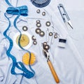 Buttons, pins, needles, tape measure and scissors. Crafts . Royalty Free Stock Photo