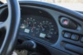 close-up of speedometer, tachometer, fuel indicators and Buttons on the black car dashboard Royalty Free Stock Photo