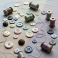 Buttons and spools of thread are arranged on a pastel-colored fabric Royalty Free Stock Photo