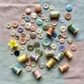 Buttons and spools of thread is arranged on a soft, multicolored fabric back Royalty Free Stock Photo