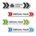 Buttons for virtual tour, black, red, green and blue labels - stickers with arrows Royalty Free Stock Photo