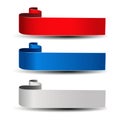 Buttons for website or app. Grey, red and blue label. Bent ribbon. Possible uses for text Buy now, Subscribe, Sign Up, Register Royalty Free Stock Photo