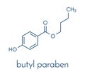 Butyl paraben butylparaben, butyl 4-hydroxybenzoate preservative molecule. Skeletal formula. Royalty Free Stock Photo