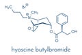 Butylscopolamine hyoscine butylbromide, scopolamine butylbromide, butylhyoscine drug molecule. Used in treatment of abdominal.