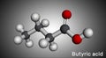 Butyric acid, butanoic acid molecule. Butyrates or butanoates are salts and esters . Molecular model