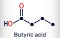 Butyric acid, butanoic acid molecule. Butyrates or butanoates are salts and esters . Skeletal chemical formula Royalty Free Stock Photo