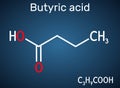 Butyric acid, butanoic acid molecule. Butyrates or butanoates are salts and esters . Structural chemical formula on the dark blue