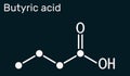 Butyric acid, butanoic acid molecule. Butyrates or butanoates are salts and esters . Skeletal chemical formula on the dark blue