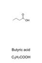 Butyric acid, butanoic acid, chemical formula and skeletal structure Royalty Free Stock Photo