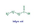 Butyric acid hand drawn vector formula chemical structure lettering blue green