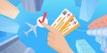 Buy airline tickets for business travel flight worldwide, tourist hands holding tickets