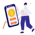 Buy bitcoin illustration. Bitcoin icon on a phone. Crypto currency exchange concept. Vector illustration