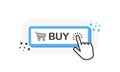 BUY blue 3D button with hand pointer clicking. White background. Vector Royalty Free Stock Photo
