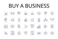 Buy a business line icons collection. Purchase a company, Acquire an enterprise, Procure a firm, Obtain an establishment