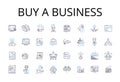 Buy a business line icons collection. Purchase a company, Acquire an enterprise, Procure a firm, Obtain an establishment