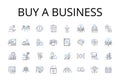 Buy a business line icons collection. Purchase a company, Acquire an enterprise, Procure a firm, Obtain an establishment