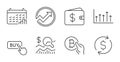 Buy button, Dollar wallet and Check investment icons set. Bitcoin pay, Growth chart and Calendar graph signs. Vector